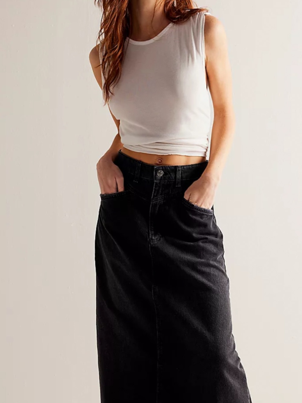 Free People Black High-Waist Maxi Denim Skirt